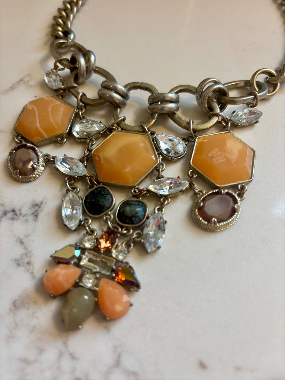 Anthropologie Multi-Stone Pendant Necklace in Peach/Gold on Antique Bronze Links